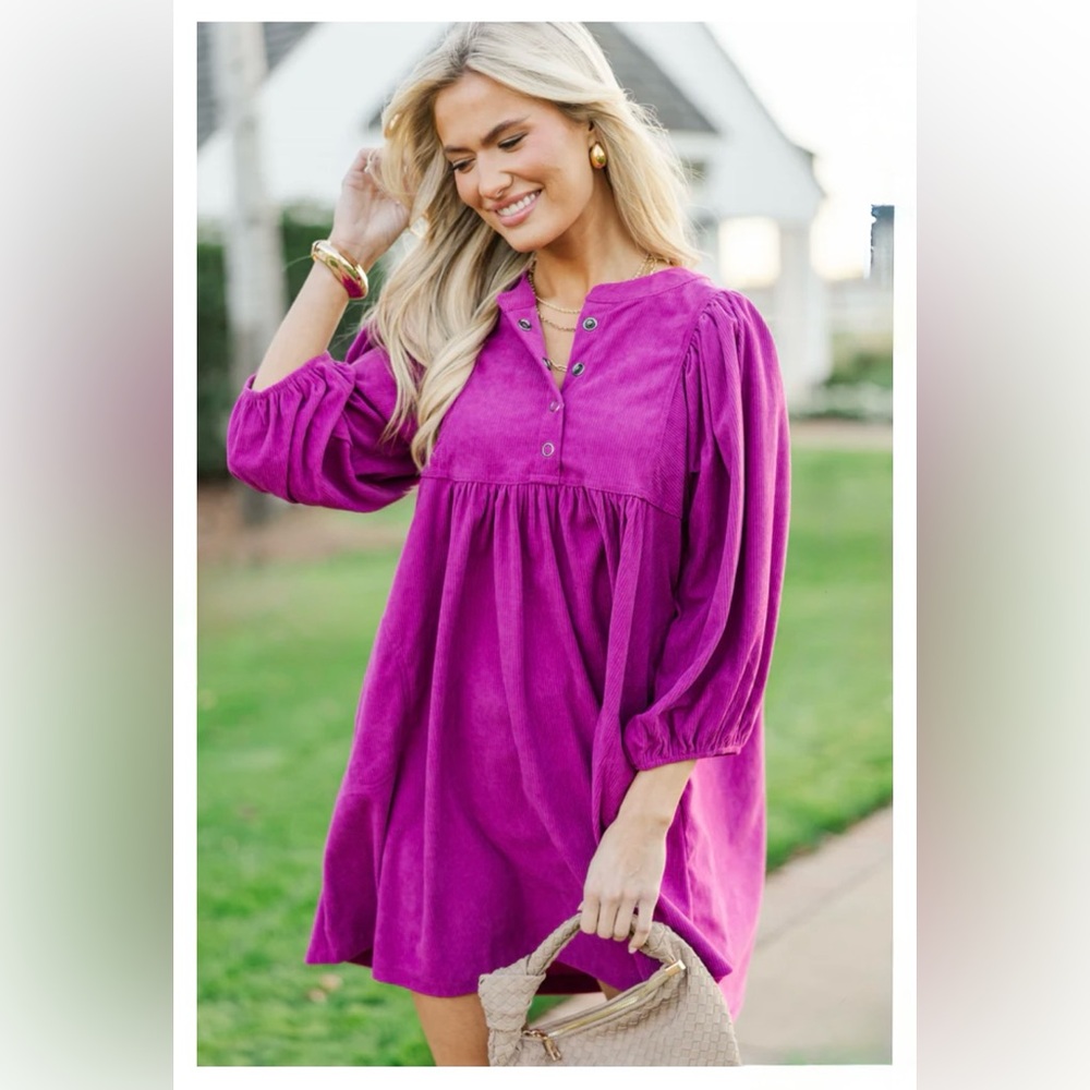 Magenta Corduroy Short Babydoll Dress | Large | Long Sleeves | NWT